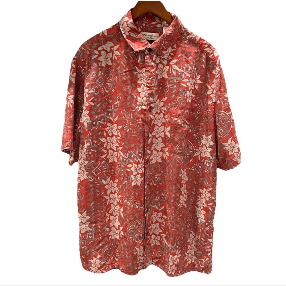 Caribbean Silk Blend Mens Hawaiian Tropical Print Button Up Shirt Size XLT